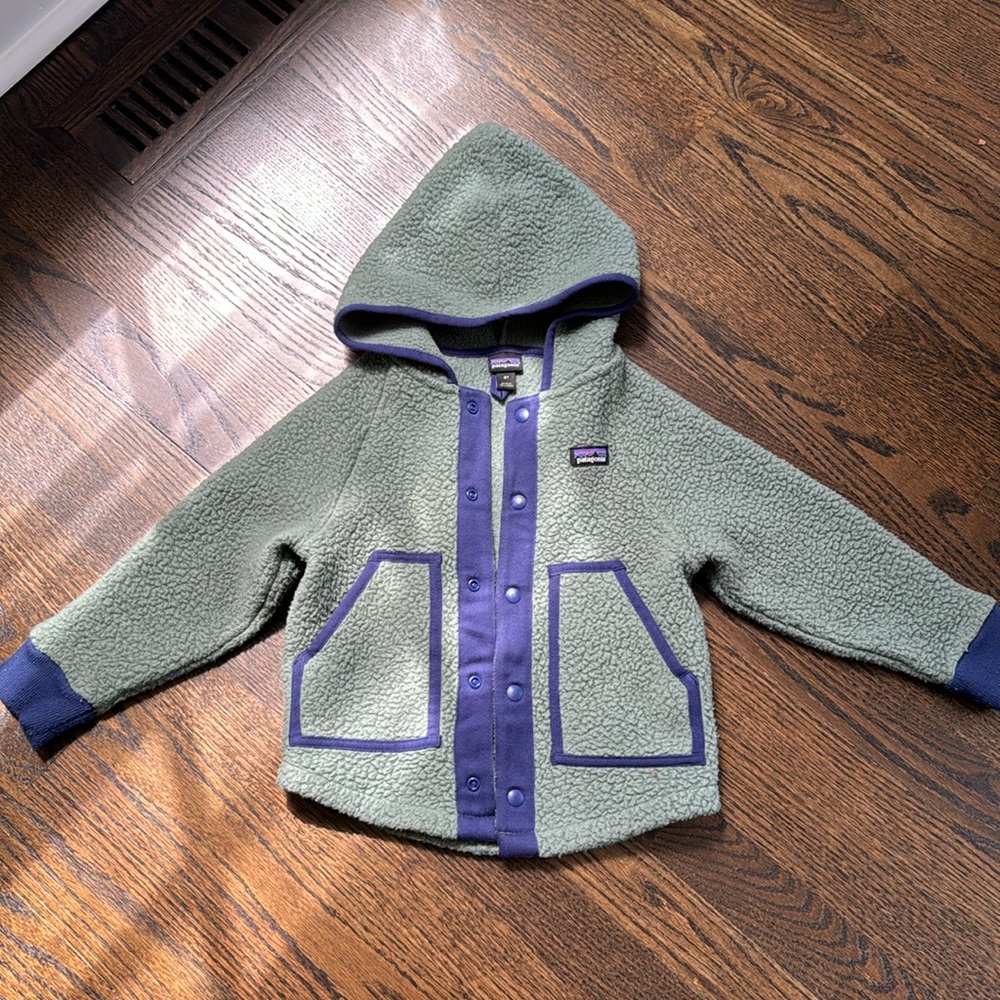 Patagonia Toddler Retro Pile Fleece Jacket Size 4T Green and Navy Blue